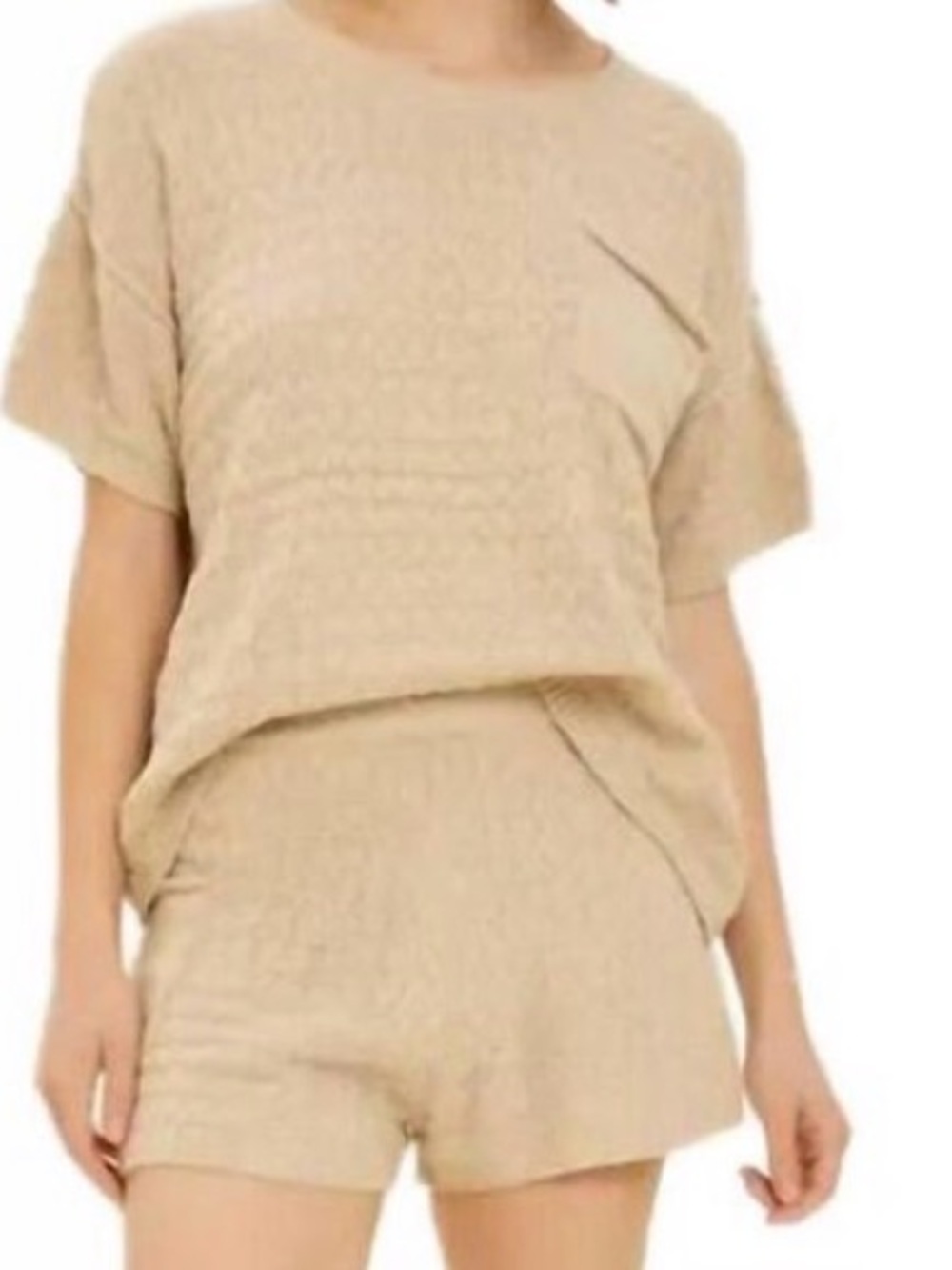 Heyson Brand Beige Textured Sweater Knit Two-Piece Short  Set